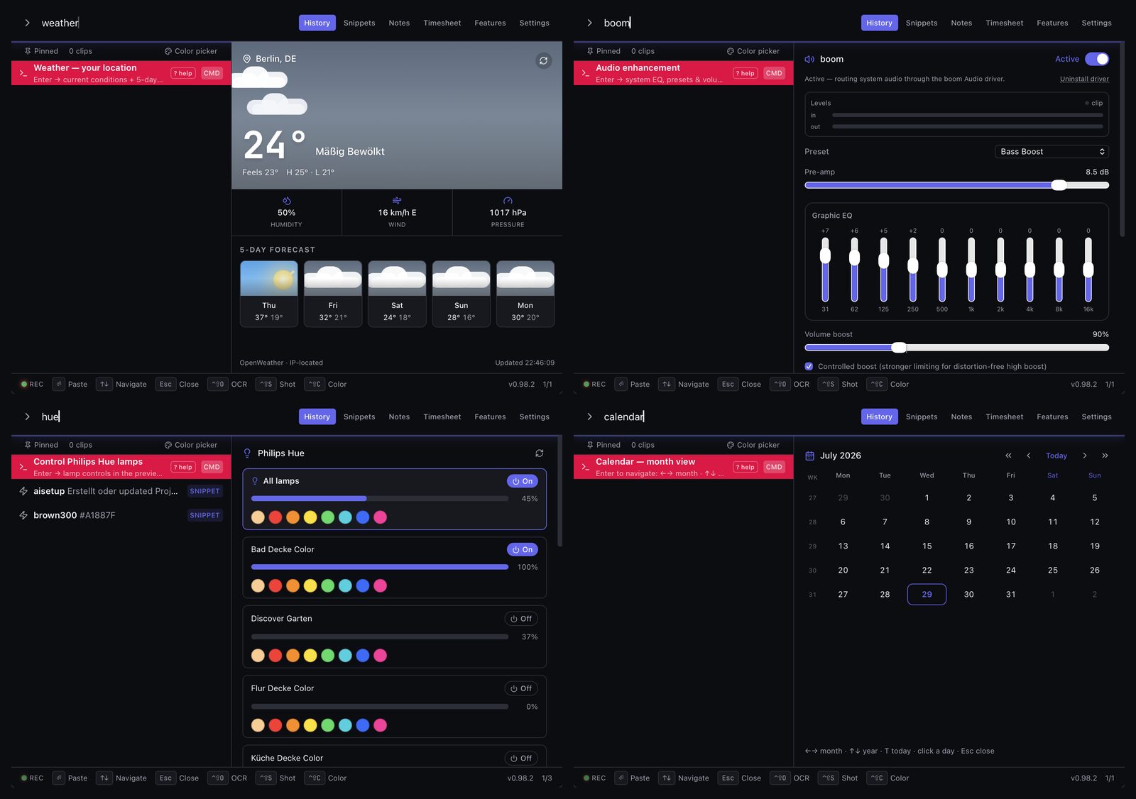 Four panels: the weather forecast, the audio equalizer, Philips Hue lamp control and the month calendar