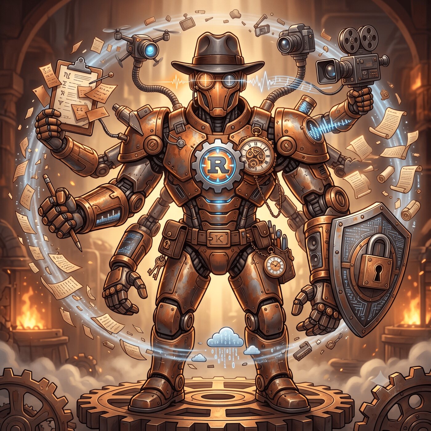 Illustration: a copper robot in a fedora with many arms, holding a clipboard, a camera, a pencil and a padlocked shield